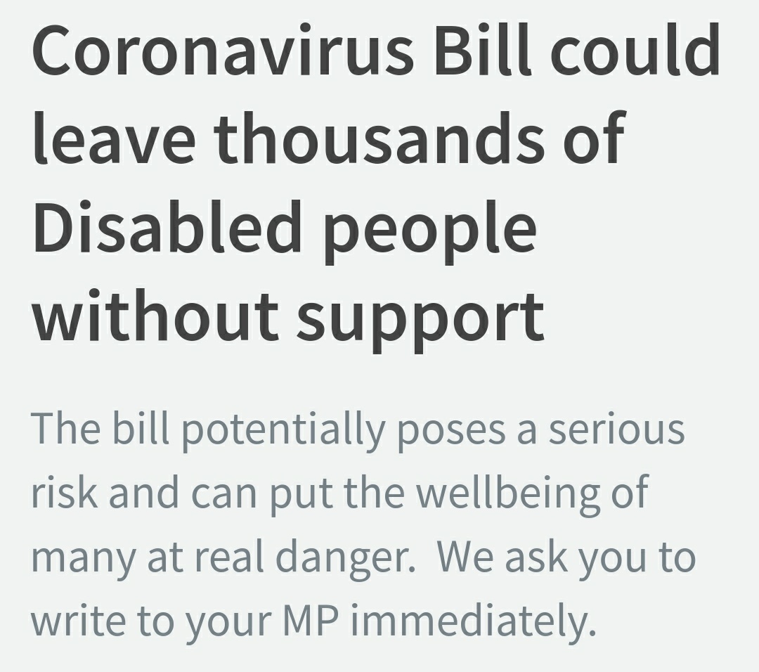 *CALL TO ACTION*

The Coronavirus Bill being put through Parliament on the 23rd March plans to suspend the Care Act 2014, leaving thousands of Disabled People without essential social care support.

Write to your MP now using our template letter: inclusionlondon.org.uk/campaigns-and-…