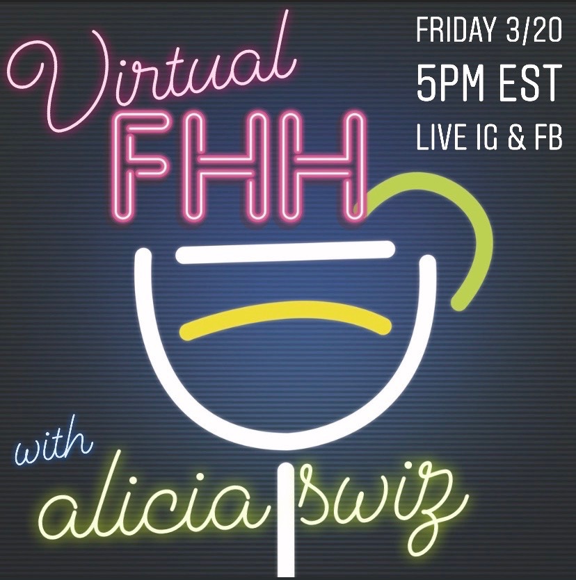 #VirtualHappyHour TODAY talking cocktails, comedy &amp; feminism with @aliciaswiz 🍹🌈✊ RETWEET with your question or suggestion! #feministhappyhour #virtualFHH