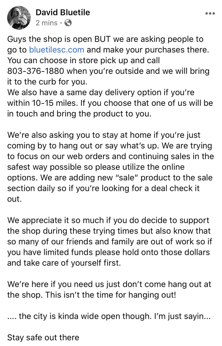 This is all. Shop hours 1-6 Monday - Friday and 1-5 Saturday and Sunday until further notice. Please utilize web store options and limit contact with the homies.