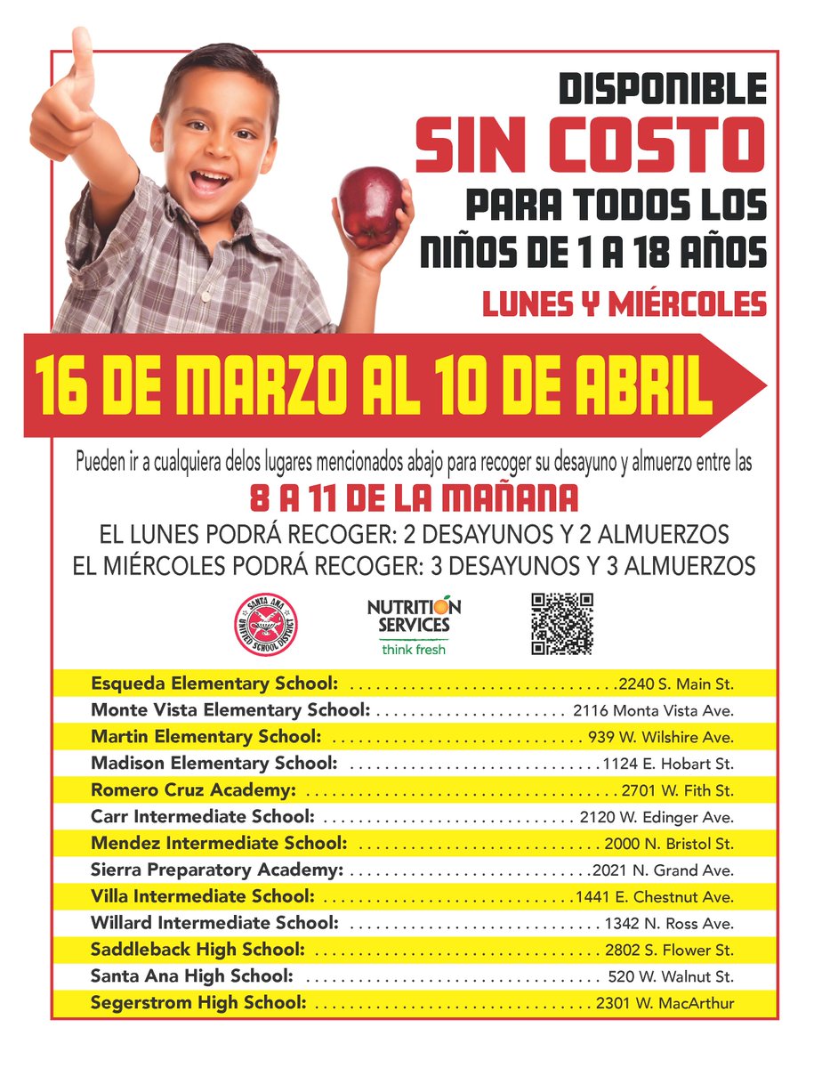 SantaAnaUSD's tweet photo. Update: Starting 3/23/20 #SAUSD will distribute free meals to children 2 days a week for the health &amp; safety of all involved (2 breakfasts/2 lunches Mondays; 3 breakfasts/3 lunches Wednesdays). Enrichment packets will also be available for pick up. More: https://t.co/eMsw2WkOSq https://t.co/anOaMYq646