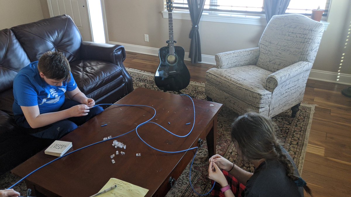 wpulte's tweet photo. Homeschooling assignment for the day. We are making Ethernet cable. W/O, O, W/G, B, W/B, G, W/Br, Br. #568b https://t.co/mzePAPlFMP