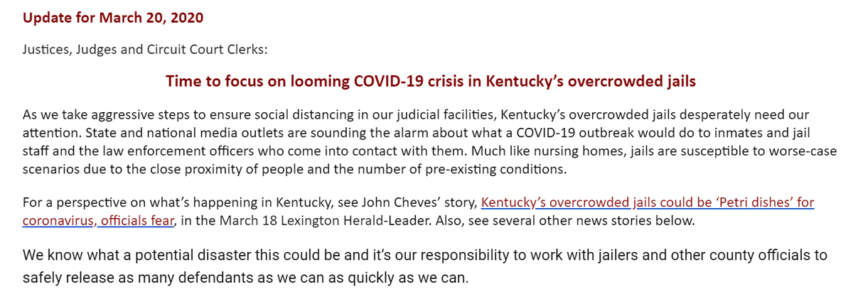 Ky Chief Justice John Minton Jr. to state's court officials: It's time to clear out all of the jail inmates you safely can, ahead of the virus, if you aren't already doing so. ^JC