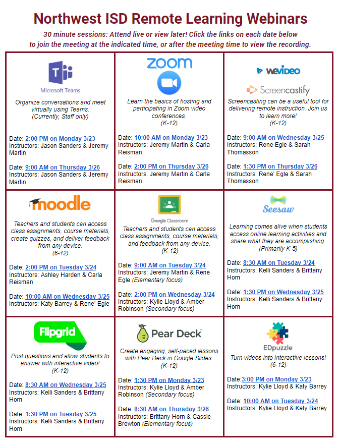 ScienceSanders's tweet photo. Wondering how to use all these digital tools people are talking about for remote learning? Northwest ISD IT has got you covered friends! We are hosting 18 PD webinars all next week! Look for a link sent from your campus Instructional Technologist via email today! 💻🧑‍🏫🎉👏 https://t.co/64hw9VK70t