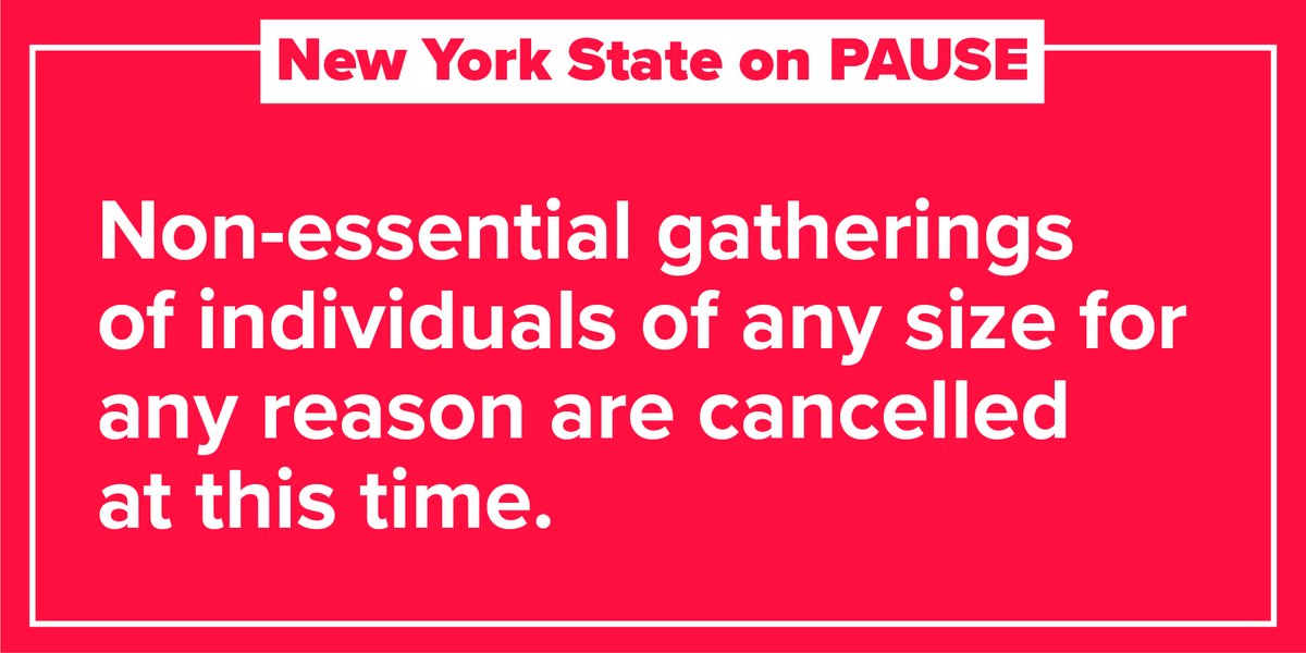 Archive: Governor Andrew Cuomo (@nygovcuomo) on Twitter photo Attention New Yorkers: Non-essential gatherings of individuals of ANY size for ANY reason are cancelled at this time. #StayAtHome #StopTheSpread Attention New Yorkers: Non-essential gatherings of individuals of ANY size for ANY reason are cancelled at this time. #StayAtHome #StopTheSpread