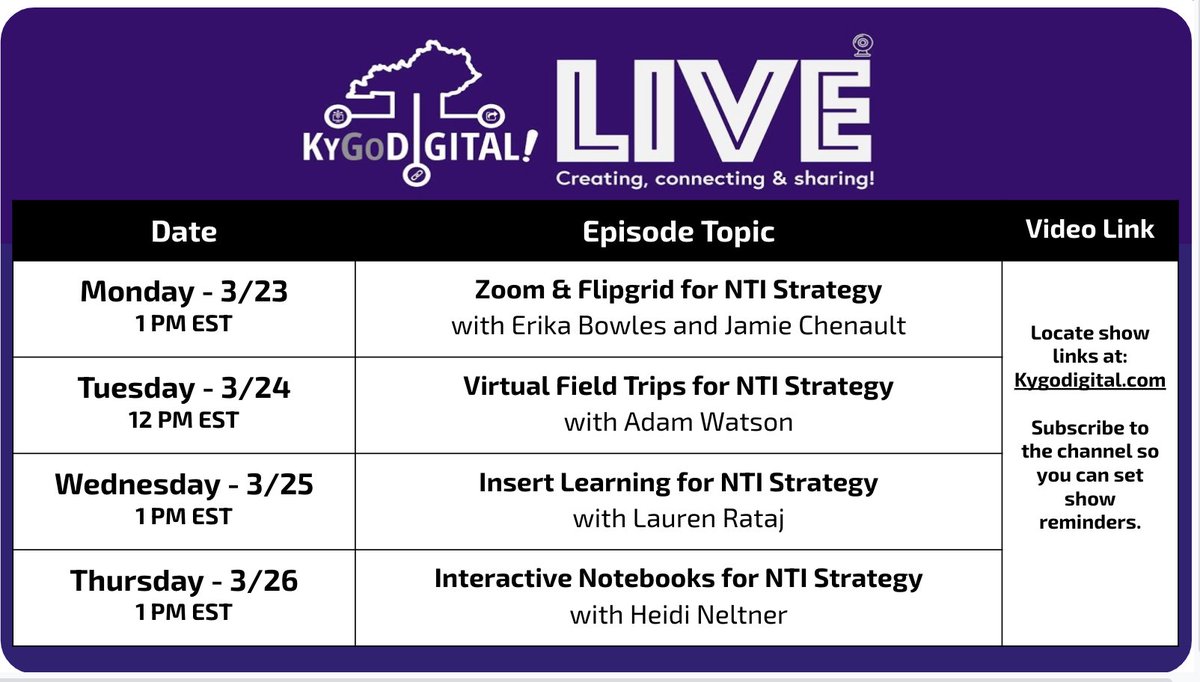 #KYGoDigital LIVE #MyNTIKY 2020 Special Series II. Continue to CONNECT with KY Districts. SHARE digital tools for NTI Strategy. Mark your calendar. #TogetherWeAreBrilliant YES.