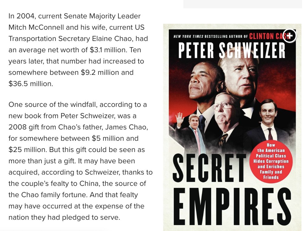 8/Schweitzer's 2018 book, Secret Empires, fleshed out Chao/McConnell Chicom enrichment & her father's mega-shipping firm: "The success of Foremost is largely due to its close ties to the Chinese govt, in particular the China State Shipbuilding Corp." https://nypost.com/2018/03/17/how-mcconnell-and-chao-used-political-power-to-make-their-family-rich/