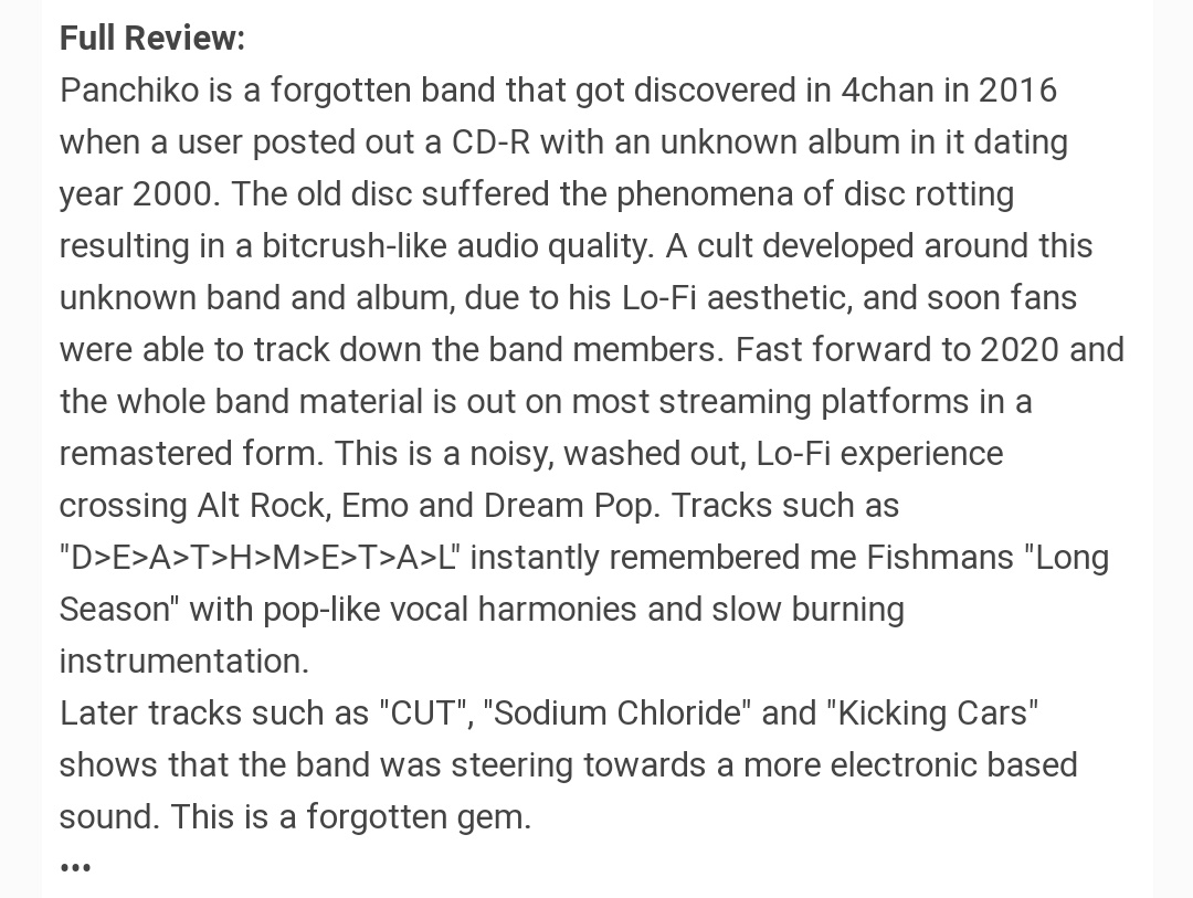 D>E>A>T>H>M>E>T>A>L — PANCHIKOHere's the supposed story about this: https://rateyourmusic.com/release/ep/panchiko/deathmetal.p/Disclaimer: It's way more "shoegaze rock" than "Death Metal" so don't expect metal. Lol