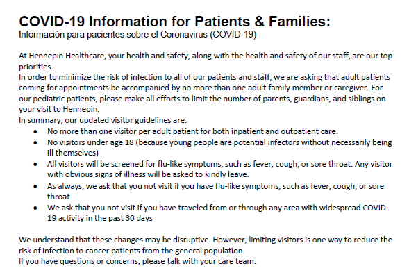 HCMC_Cancer's tweet photo. **Important Information for Cancer Center Patients and Families - COVID-19** (2 photos)

If you are interested in donating blood:
Please call the Memorial Blood Centers appointment desk at 651-332-7150 https://t.co/xsQyggK56H