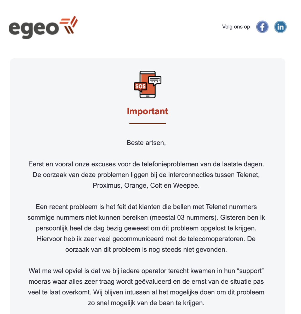 DusauchoitChris's tweet photo. Ik krijg via mijn zus die zelf huisarts is de vraag om dit door te spelen naar vooral @telenet @proximus @OrangeBENL "Geef voorrang aan medische telecommunicatie!"  Dank voor jullie actie! https://t.co/Sce31kn6a3