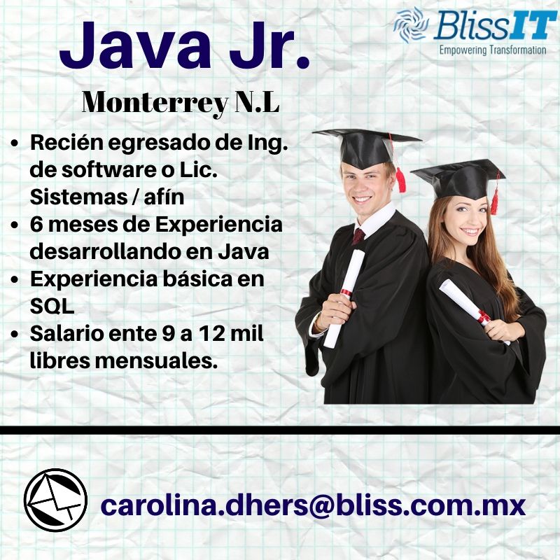 BlissIT1's tweet image. Eres recién egresado con experiencia en desarrollo Java y PL/SQL en búsqueda de nuevas oportunidades.
BlissIT te esta buscando para pertenecer a nuestro equipo de trabajo en Monterrey.
Envía tu CV actualizado a: carolina.dhers@bliss.com.mx
#JavaJr
#Monterrey
#EmpleosTI