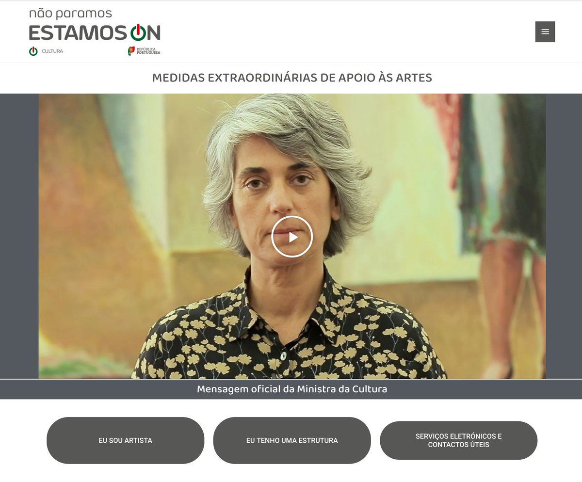 EMPRENDODANZA's tweet photo. Portugal lanza MEDIDAS EXTRAORDINARIAS DE APOYO A LAS ARTES. Han publicado una web con un mensaje de su Ministra de Cultura, un mail habilitado para consultas de artistas, y medidas a profesionales y estructuras 👉https://t.co/SYLSQxsAfU  #medidas 🙂

@culturagob @jmrdezuribes https://t.co/apkc6R14mW
