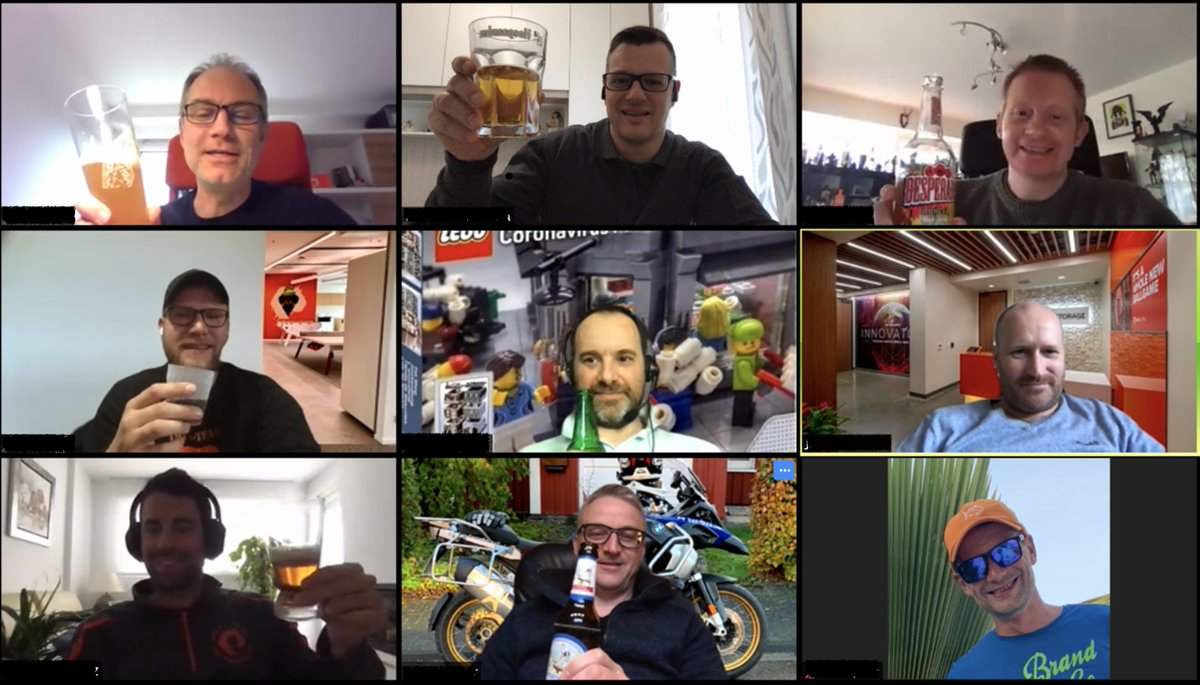 umberoot's tweet photo. The Almighty @PureStorage EMEA CTM Team is ready for the weekend… so what’s better than a virtual Beer together? Cheers! @pure_markus @maxwellb71 @frankfurtjt #PhilippeB #JD #VictorS @Frank_atPure #MKot https://t.co/e5pCbbx2OQ