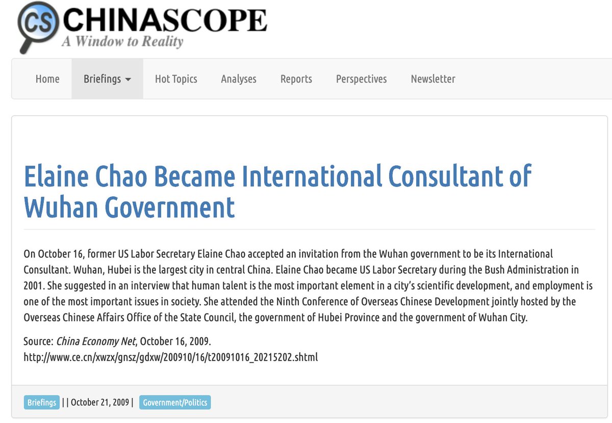 10/According to the Chinese press, Chao had accepted appointed in 2009 as an "International Consultant of Wuhan Government." Yes, WUHAN. http://chinascope.org/archives/1083 