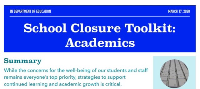 Strategies to support continued learning &amp; academic growth are critical during school closures. We now have an Academics &amp; Instruction toolkit available, including a checklist, best practices, &amp; recommendations --> tn.gov/content/dam/tn… #LearningInPlaceTN