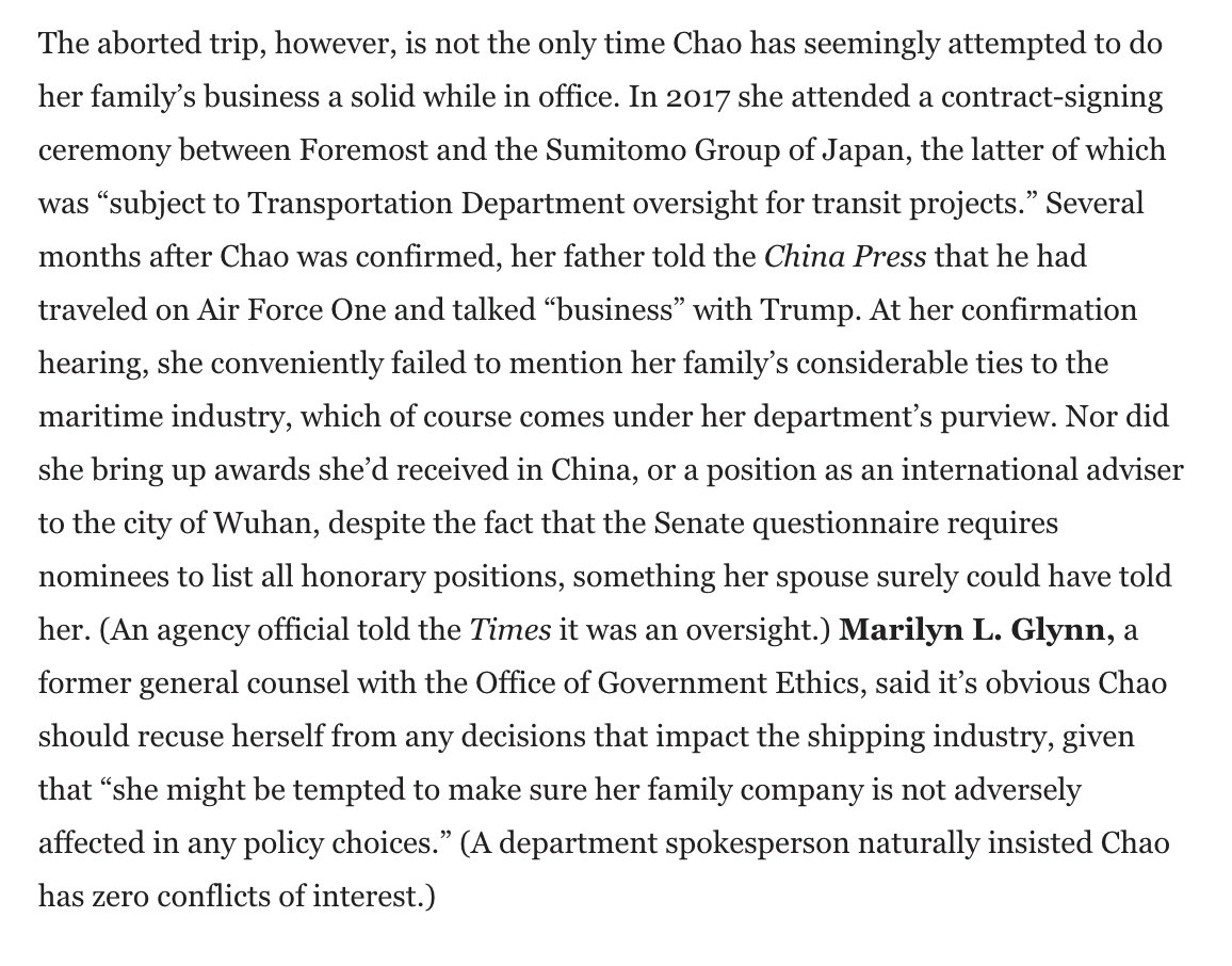 11/Chao's father has met with Trump on Air Force One to talk "business." She has failed to recuse herself multiple times over clear business conflicts of interest & failed to disclose her Wuhan consultant position. https://www.vanityfair.com/news/2019/06/elaine-chao-china-trip-foremost