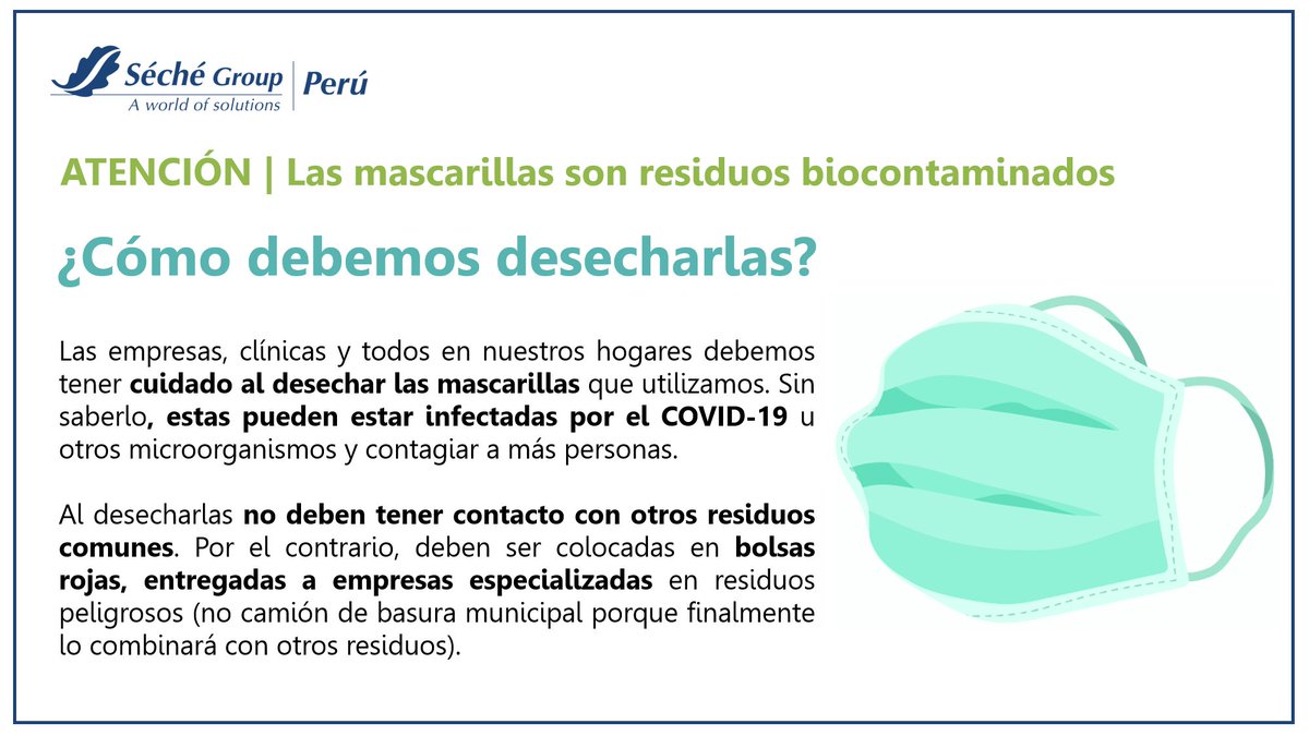 GroupSeche's tweet photo. Cuidado al desechar las mascarillas, pueden contaminar #PrevencionyAccion #Prevencion #Minsa #Minam #coronavirus #CoronavirusPerú #YoMeQuedoEnCasa https://t.co/OVL4h4LHOE