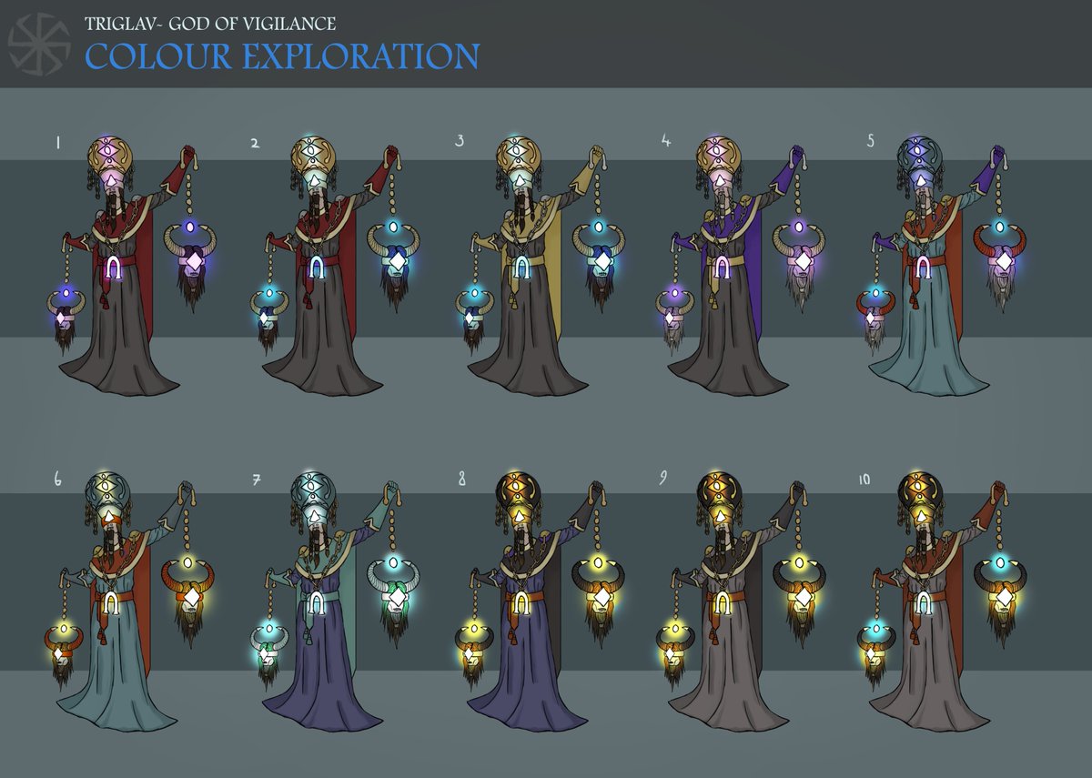 ReneKovacArt's tweet photo. Colour Exploration stage for Triglav- Slavic God of Vigilance
Which is your favourite combination? Which colours would you wear?🙌

#art #characterart #conceptart #fantasy #fantasycharacter #characterdesign #characterconceptart #characterdevelopment #charactercolour #darkfantasy https://t.co/b0UcLF6W8D