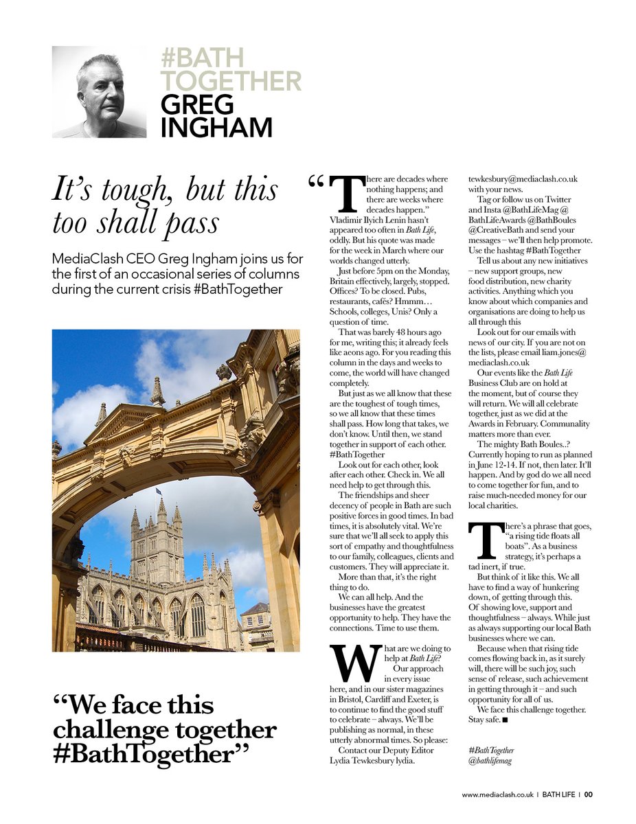 Bath Life (@bathlifemag) on Twitter photo Our chief exec <a href="/gregingh/">Greg Ingham</a> is writing a column for us about Bath and the response to COVID-19. Please look out for this in the next issue of #BathLife, published next week.
“It’s tough, but this too shall pass… We face this challenge together. Stay safe” #BathTogether Our chief exec <a href="/gregingh/">Greg Ingham</a> is writing a column for us about Bath and the response to COVID-19. Please look out for this in the next issue of #BathLife, published next week.
“It’s tough, but this too shall pass… We face this challenge together. Stay safe” #BathTogether
