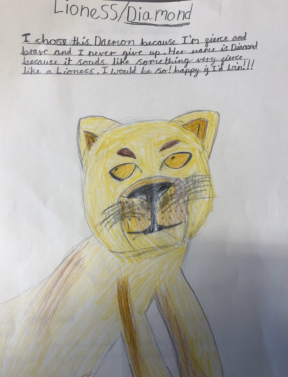 crcprimary's tweet photo. And the winning daemon entry is....Diamond the lioness by S who said ‘I chose this daemon because I’m fierce and brave and never give up.’ Diolch @ScreenAllianceW for the prize! @darkmaterials @intofilm_cymru #crcpexpressivearts https://t.co/o6YFymkrRU