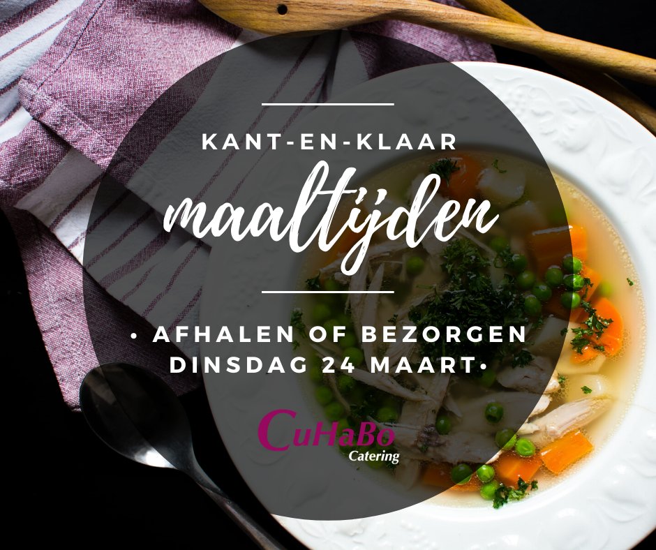 De 3 nieuwe maaltijden die voor dinsdag 25 maart besteld kunnen worden, zijn bekend! De maaltijden kosten €5,- per st en kunnen worden afgehaald of bezorgd. U kunt nu ook soep (bij)bestellen. Voor meer info en om te bestellen, ga naar: buff.ly/2WrJXQx