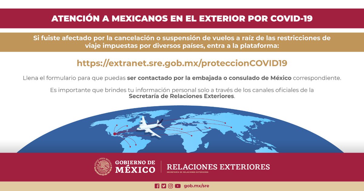 SRE_mx's tweet photo. El @GobiernoMx, mediante la @SRE_mx, pone a su disposición el nuevo formulario de atención a turistas mexicanos en el exterior afectados por COVID-19.

👉https://t.co/rjMzN278NZ https://t.co/gKJyRrNaqV