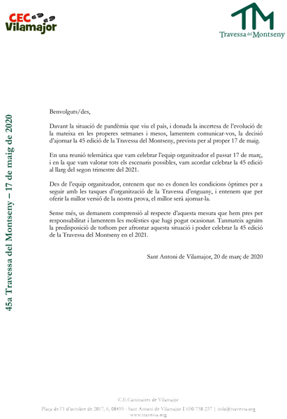 CANCEL·LACIÓ DE LA 45a TRAVESSA DEL  MONTSENY