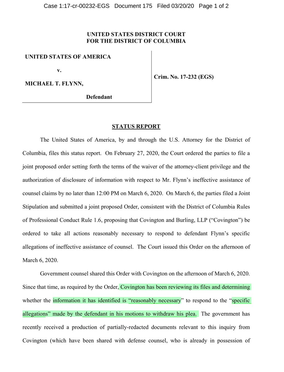 Joint Status Report as to Flynn’s Motion to Withdraw his Plea Agreement QAnon-Flynn’s former firm providing relevant documents, additional tranches. As such the Government request a 2 week continuance  https://ecf.dcd.uscourts.gov/doc1/04507728738?caseid=191592