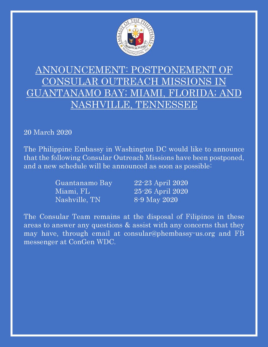 Philippine Embassy In The Usa On Twitter Announcement Postponement Of Consular Outreach Missions In Guantanamo Bay Miami Florida And Nashville Tennessee Https T Co Vsfnyqwdoj