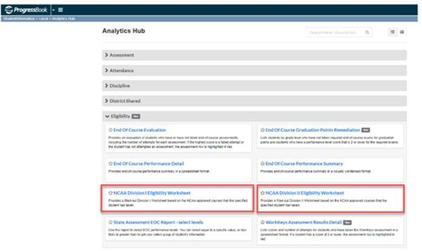 ProgressBook's tweet image. Student athletes interested in participating in NCAA sports in college are required to meet certain academic requirements. ProgressBook makes it easier to track their requirements with the NCAA Division I and II reports! Both are located in the Analytics Hub!
#ProgressBook