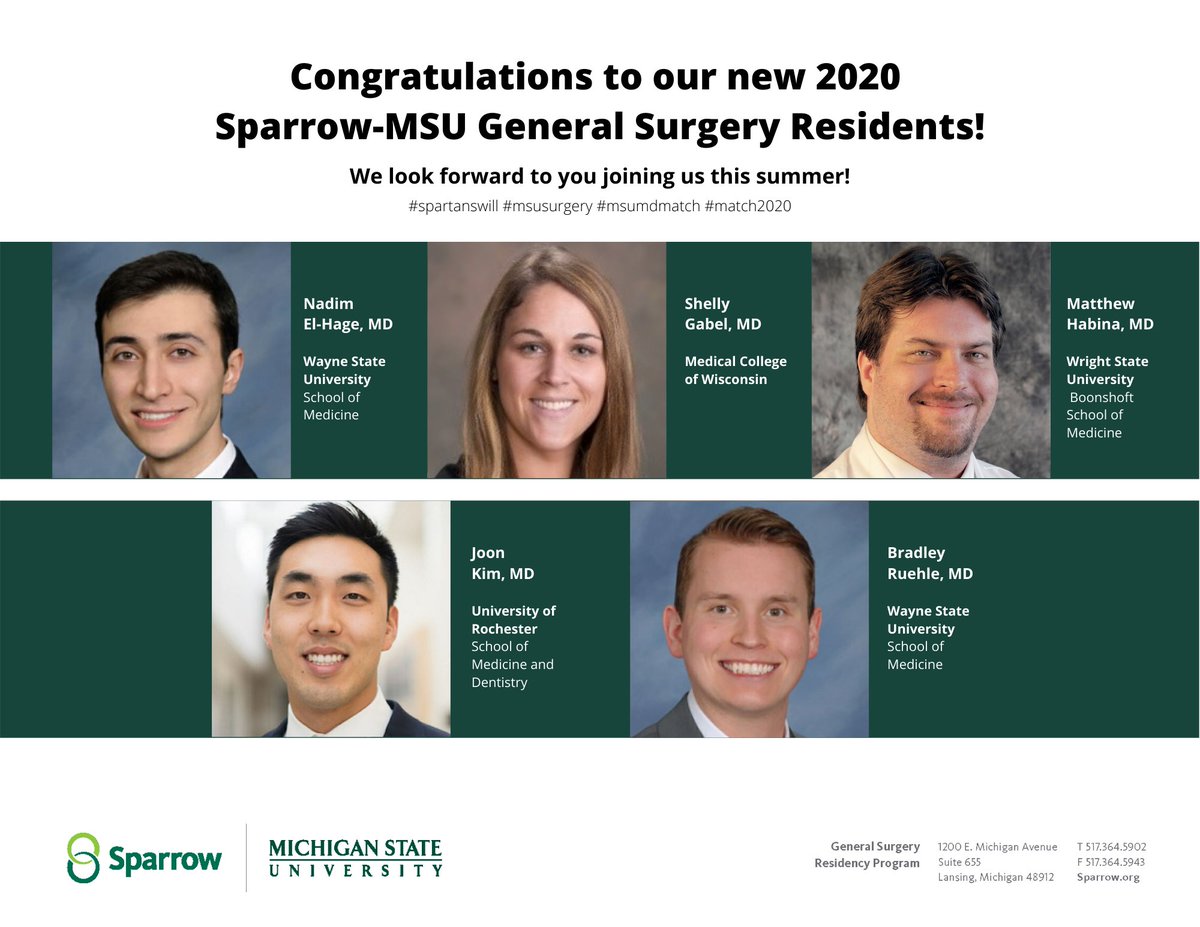 MSU_Surgery's tweet photo. Congratulations to our new @SparrowHealth@MSUMD General Surgery residents who matched with us today! They will join our program in July 2020! #spartanswill #msusurgery #surgmatch2020 #matchday2020 #match2020 #msumdmatch  #msumd #meded @TheNRMP @AAMCtoday @AmerMedicalAssn https://t.co/SQMX7FIFwK