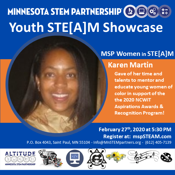 MnSTEMpartners's tweet image. In celebration of #WomensHistoryMonth we would like recognize MSP Women in STEAM volunteer Karen Young for her #leadership! @NCWIT @bwise_bwiseusa @NSBE @BDPAMidwestRG #urbanrobotics #urbancoding #urbandrones #mnstempartners #STEM #STEAM