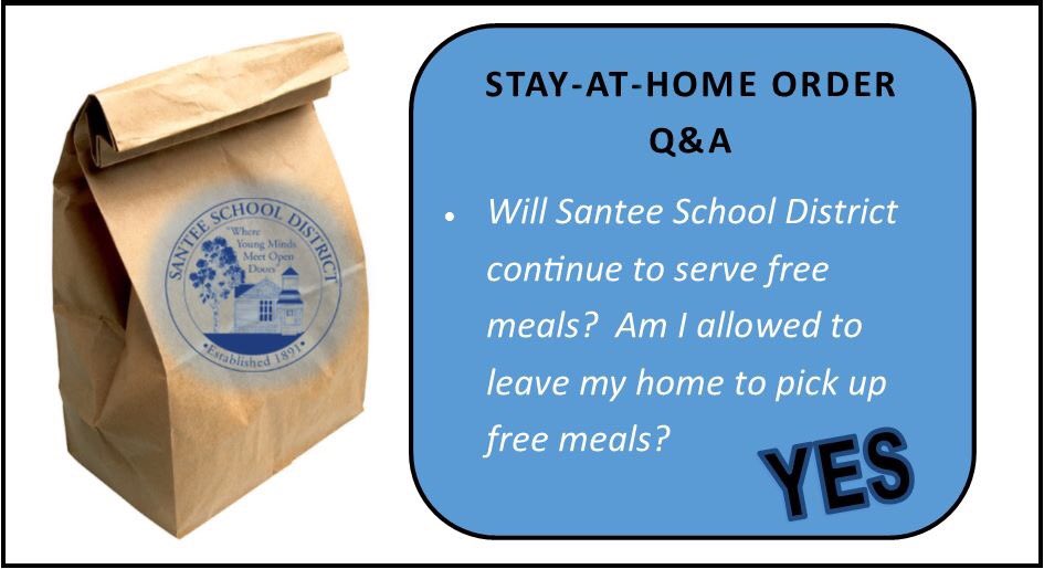 #santeesd
During the school closure, free meals will be available for all children who live in our community. A drive thru service is set up at our Central Kitchen location at 9880 River Walk Drive.   Meals are available Monday - Friday, through April 10, from 11:00 am -1:00 pm.