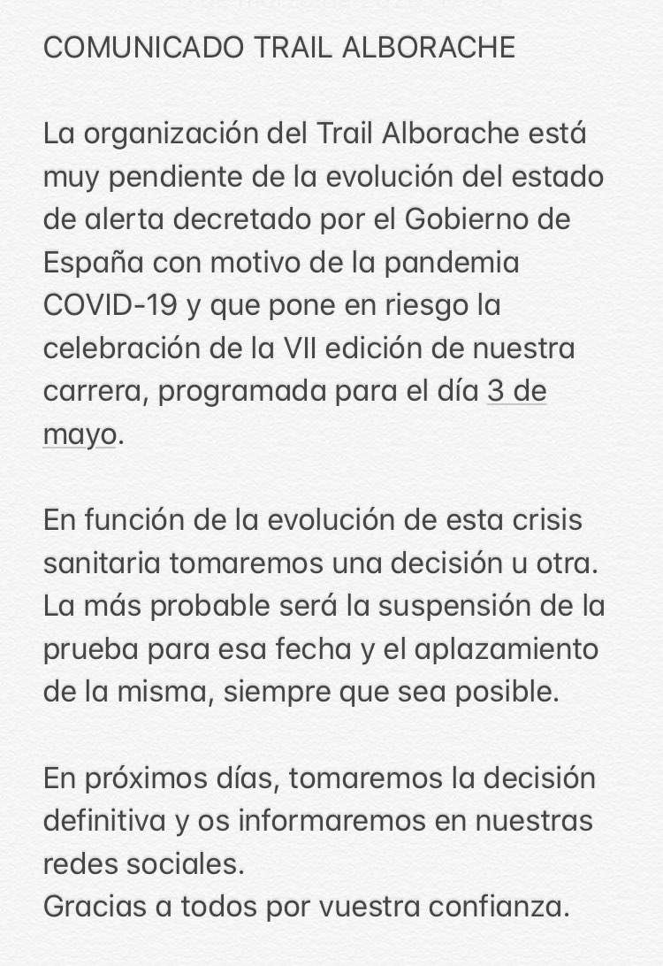 trailalborache's tweet photo. COMUNICADO TRAIL ALBORACHE https://t.co/UkGdRSqK7Y