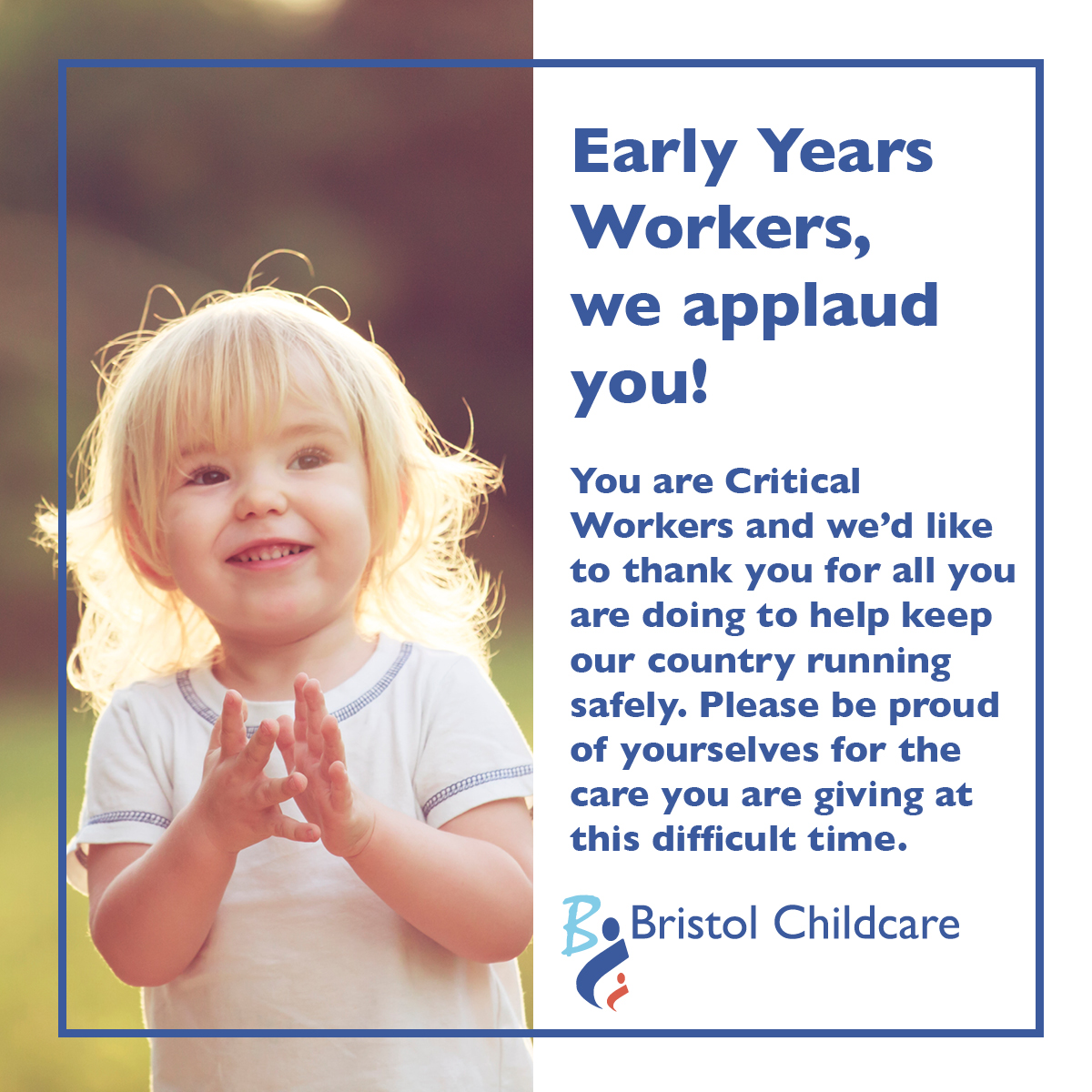 This is a shout out to all our amazing staff, and all of the caring and committed people in the early years sector who are working incredibly hard to support other Critical Workers 💙 #workingtogether #Covid_19 #smallhomelyflexible #bristolchildcare #earlyyears