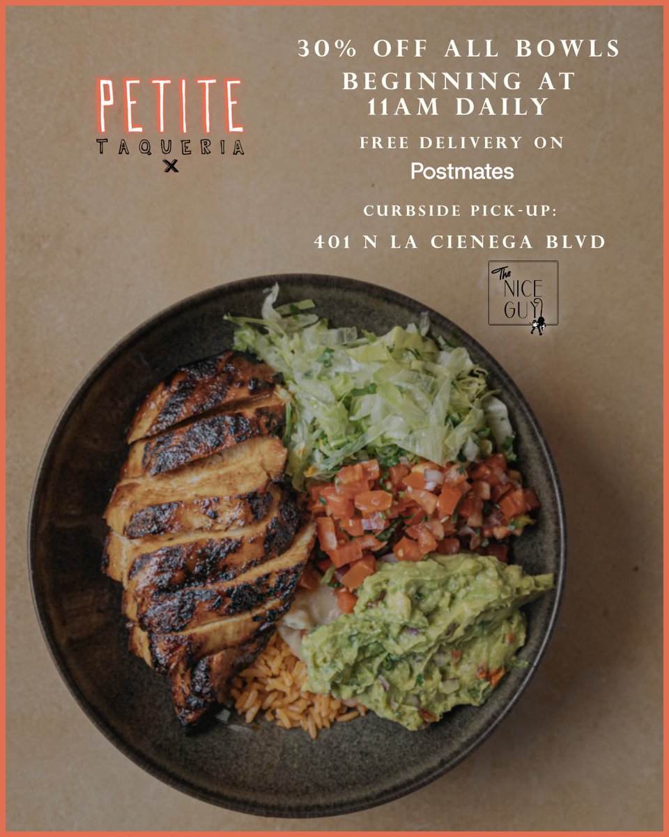 A bowl a day keeps the stir craziness away. | We’re offering curbside pickup located at <a href="/TheNiceGuyLA/">TheNiceGuy</a> and FREE delivery with <a href="/Postmates/">Postmates</a>. Enjoy 30% off our coveted bowls and a wide selection of other savory Mexican dishes. #PetiteTaqueria