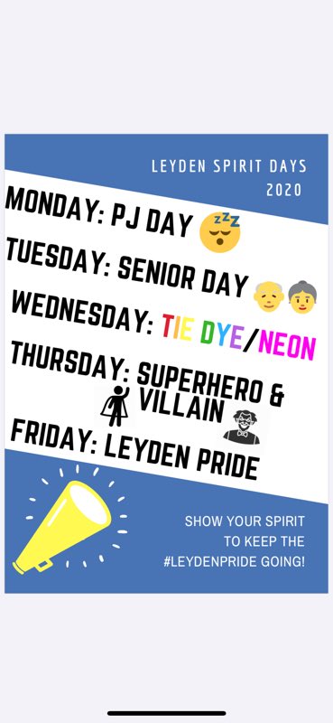 SURPRISE #LEYDENVIRTUALOLYMPICS !!!🔵🟡 
All challenges must be posted that day! Remember to use physical distancing and make sure all post are school appropriate🤗 don’t forget to post pictures for spirit days! LETS GET EXCITED EAGLES!!🦅#leydenpride <a href="/JasonMMarkey/">Jason Markey</a> <a href="/MsAHuffman/">Anita Orozco Huffman</a>