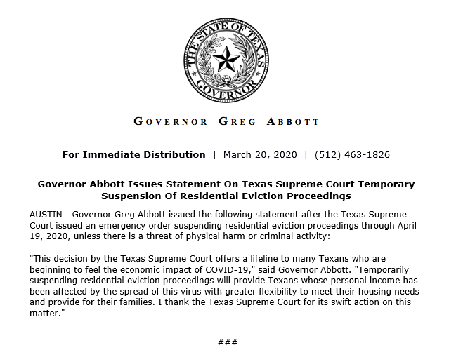 GovAbbottPress's tweet image. Statement on Texas Supreme Court emergency order suspending residential eviction proceedings through April 19, 2020, unless there is a threat of physical harm or criminal activity: