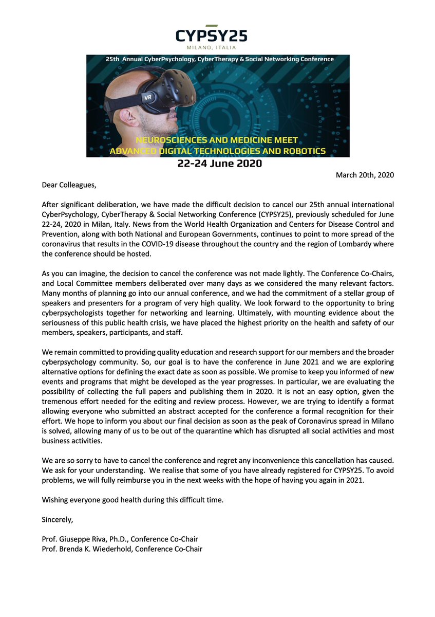 Interactive Media Institute (@imihealth) on Twitter photo After much deliberation, we have decided to reschedule CYPSY25. Please read the statement from conference co-chairs <a href="/VirtualBrenda/">Brenda K Wiederhold</a> and Dr. Giuseppe Riva: After much deliberation, we have decided to reschedule CYPSY25. Please read the statement from conference co-chairs <a href="/VirtualBrenda/">Brenda K Wiederhold</a> and Dr. Giuseppe Riva: