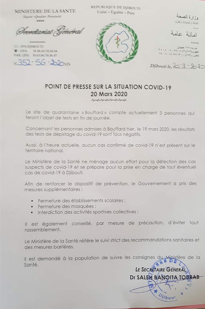 info_djib's tweet photo. #COVID19 
#Djibouti
Communiqué du ministre de la santé https://t.co/Ohr50LT0tP