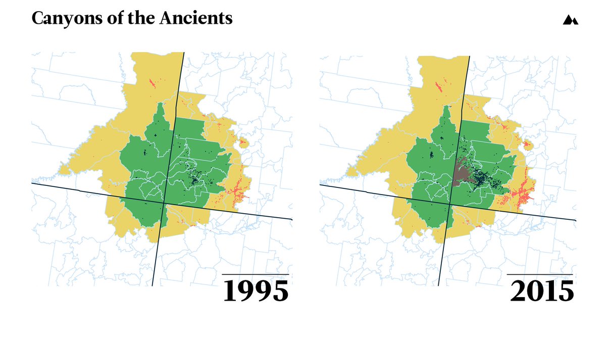 Declaring a national monument (🟤) can lead to an increase in nearby businesses (⚫) and total jobs. Here, the area within 25 km (🟢) of the monument outperforms the control area (🟡) in terms of number of new businesses. resourcesmag.org/archives/natio…

#ChartOfTheWeek