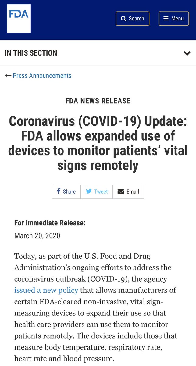 CristobMorales's tweet photo. https://t.co/YfF3XtuTxi Coronavirus (#COVID19) Update: FDA allows expanded use of devices to monitor patients’ vital signs remotely (Devices that measure body temperature, respiratory rate, heart rate and blood pressure) https://t.co/PD6My3xKR8