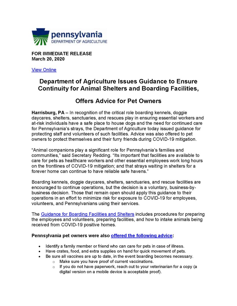ColumbiaCoEMA's tweet photo. Department of Agriculture Issues Guidance to Ensure Continuity for Animal Shelters and Boarding Facilities

Advice for Pet Owners: https://t.co/nYRNEXtE6S

According to @WHO and @CDCgov COVID-19 is not zoonotic and cannot be contracted or transmitted by cats and dogs. https://t.co/id299VPvpb