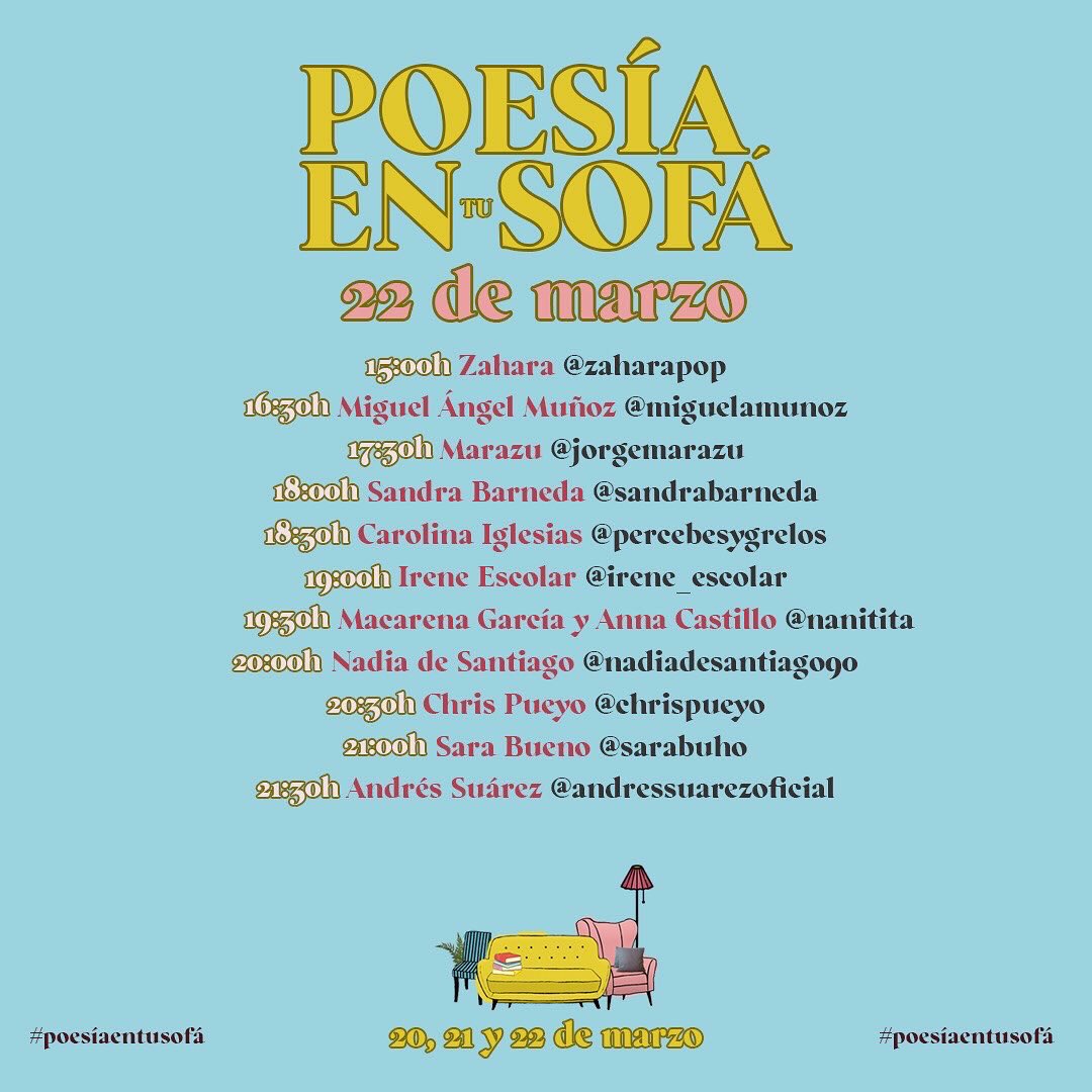 Os invito al sofá más grande del mundo, pasado mañana, en el instagram. 

🇪🇸 20.30 🇦🇷 17.30 🇨🇱 17.30 🇲🇽 14.30 🇨🇴 17.30 🇪🇨 15.30 🇵🇪 15.30 🇵🇾 17.30 🇺🇾 17.30 🇻🇪 16.30

#poesíaentusofá #yomequedoencasa #keepreadingencasa #duendecillos