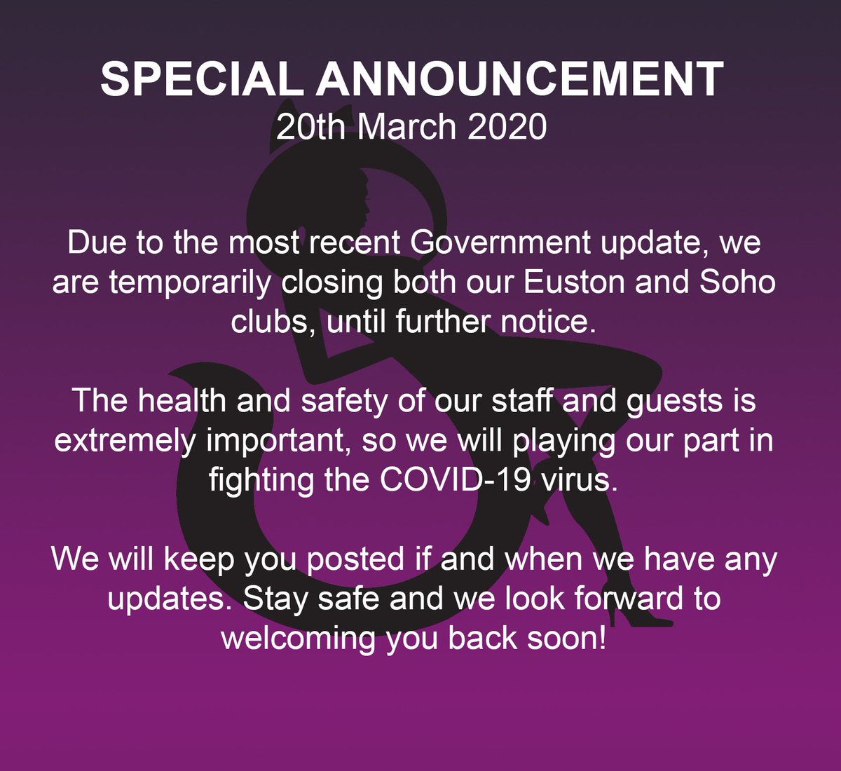 Important announcement !
Due to the government decision we have been forced to close sadly.
 We will update you all with when we will reopen when the information is available until then stay safe and healthy 💋