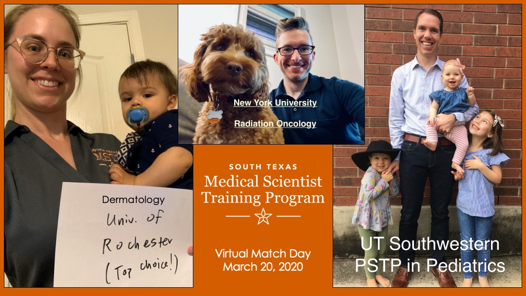 stxmstp's tweet photo. Three fantastic physician-scientists matched today! Our results: 
Katie Hinchee Rodriguez – Dermatology at U Rochester ⁣
⁣Jeff Cooney – Radiation Oncology at New York University ⁣
⁣Brett Ipson – Pediatrics/Hem/Onc PSTP at UT Southwestern 
#MatchDay2020 https://t.co/bjgzfkLVcX