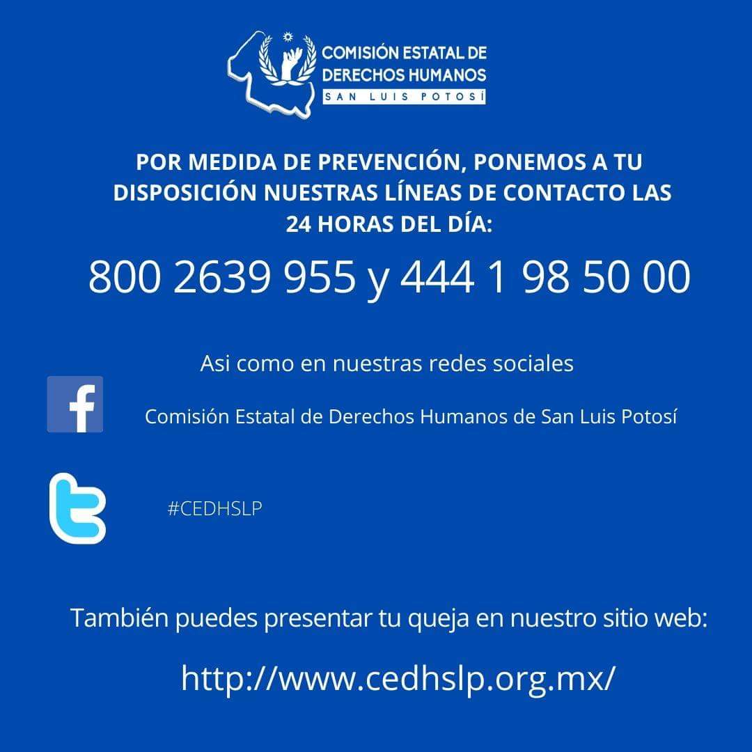 CEDHSLP's tweet photo. #QuédateEnCasa Recuerda que la #CEDHSLP continúa brindándote servicio mediante líneas telefónicas y nuestras redes sociales. https://t.co/iWct9Wr2Fo