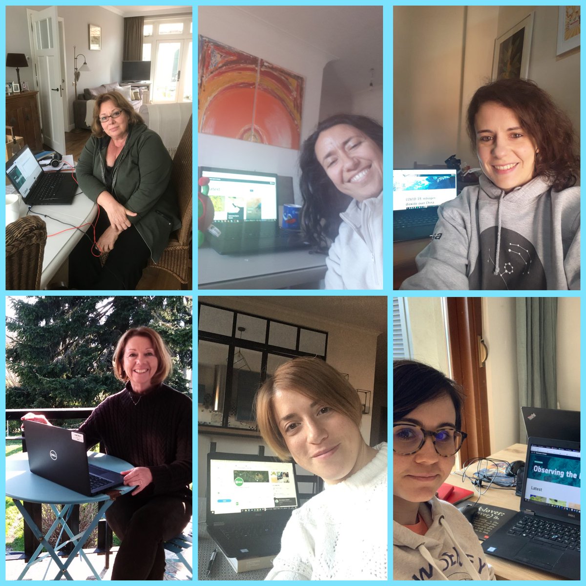 ESA_EO's tweet photo. Joining our friends at @eumetsat, @esaclimate and @EU_ScienceHub in the #sciencefromhome challenge: here's part of the @esa #EarthObservation communication team teleworking😊🛰️🌎

How about you?
Show us your home office with the hashtag #sciencefromhome! 
#spacefromhome #StayHome https://t.co/XyisXsXBCE