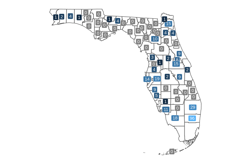 Florida covid-19 positive cases by county.  Data from 2020-03-19.  Missing Miami-Dade &amp; Desoto.