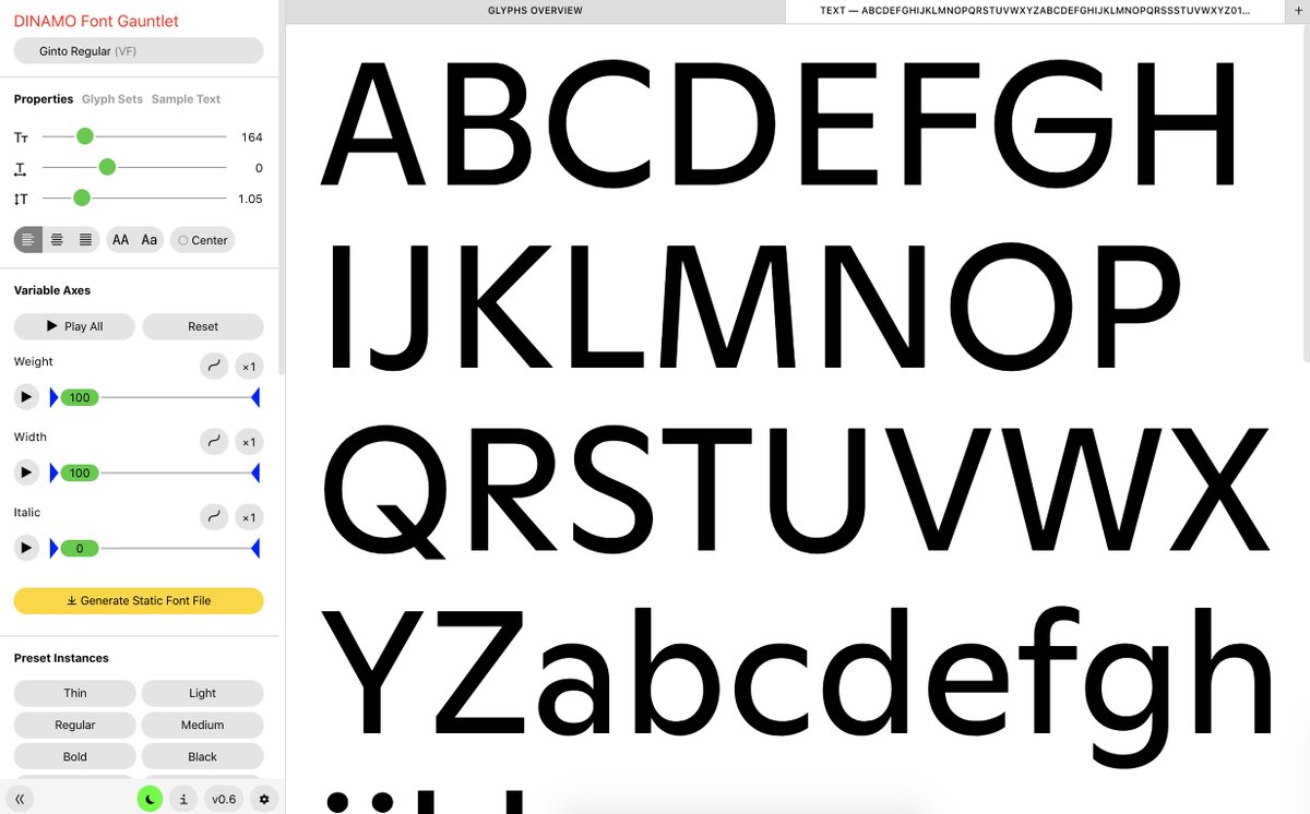 Proof, generate, and animate fonts all night with  @abcdinamo’s Font Gauntlet >  http://dinamodarkroom.com/gauntlet/ 