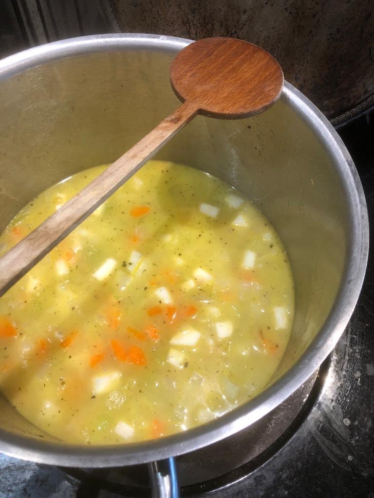 Prep and chop all the veg except the nettles, then sweat in a big saucepan with a little oil or butter for 7-8 mins. Add 1.5 litres water or veg stock then simmer for 10 mins til veg is tender.